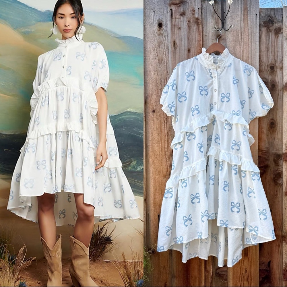 Sister Jane White High-Low Tiered Ruffle Dress with Pale Blue Bow Print